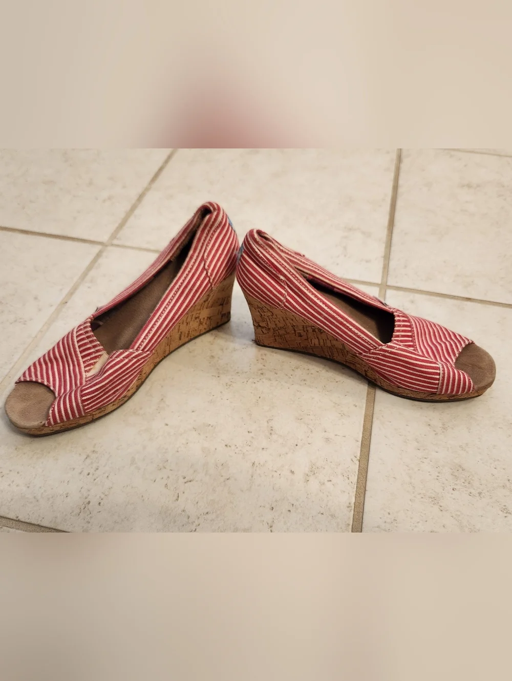 TOMS Red Stripe Canvas Peep Toe Cork Wedge Heels Sandals Women's Size 9